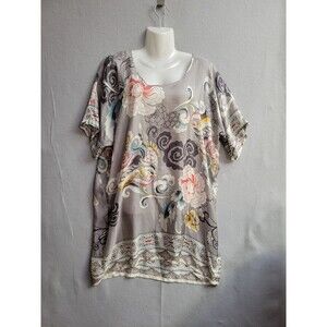 Johnny Was Silk Tunic Mini Dress Floral Dragon Short Sleeve Medium Gray Oversize